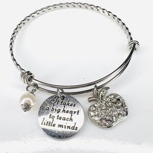 Adjustable Teacher Apple Rhinestone Charm Wire Bracelet Silver Tone 4172